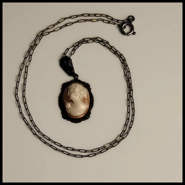 Vintage Sterling Silver Cameo Necklace with Chain - 2