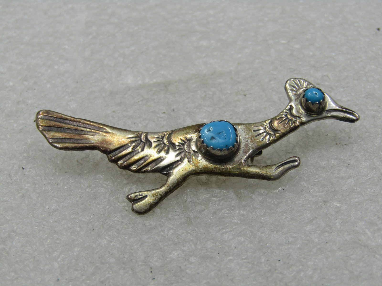 Vintage Sterling Southwestern Turquoise Roadrunner Brooch, 2.5" (1 of 7)