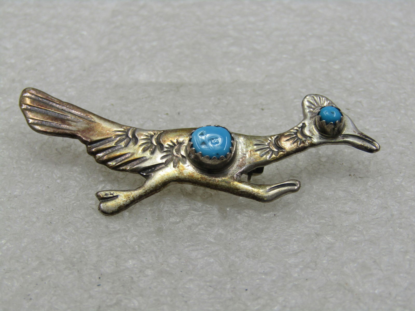 Vintage Sterling Southwestern Turquoise Roadrunner Brooch, 2.5" - 2