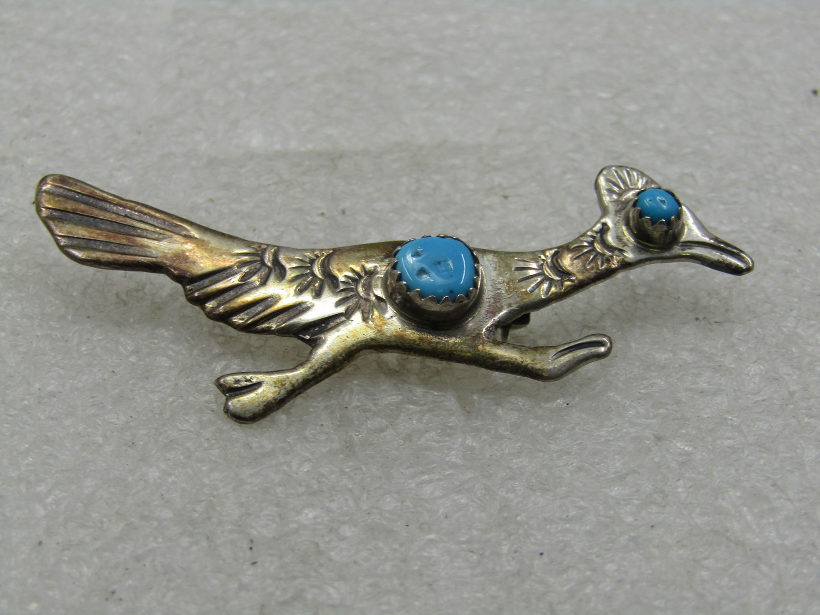 Vintage Sterling Southwestern Turquoise Roadrunner Brooch, 2.5" - 3