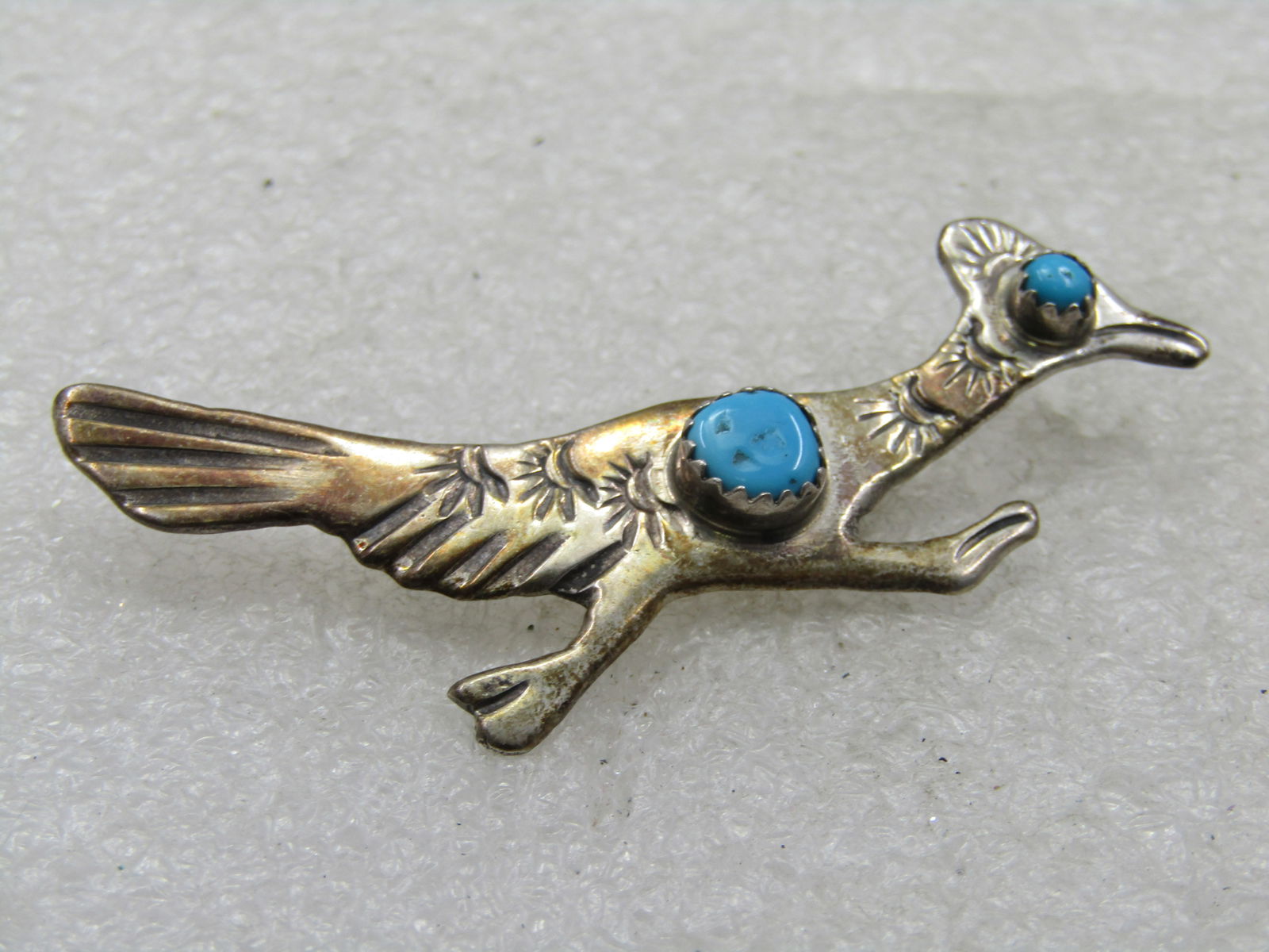 Vintage Sterling Southwestern Turquoise Roadrunner Brooch, 2.5" - 7