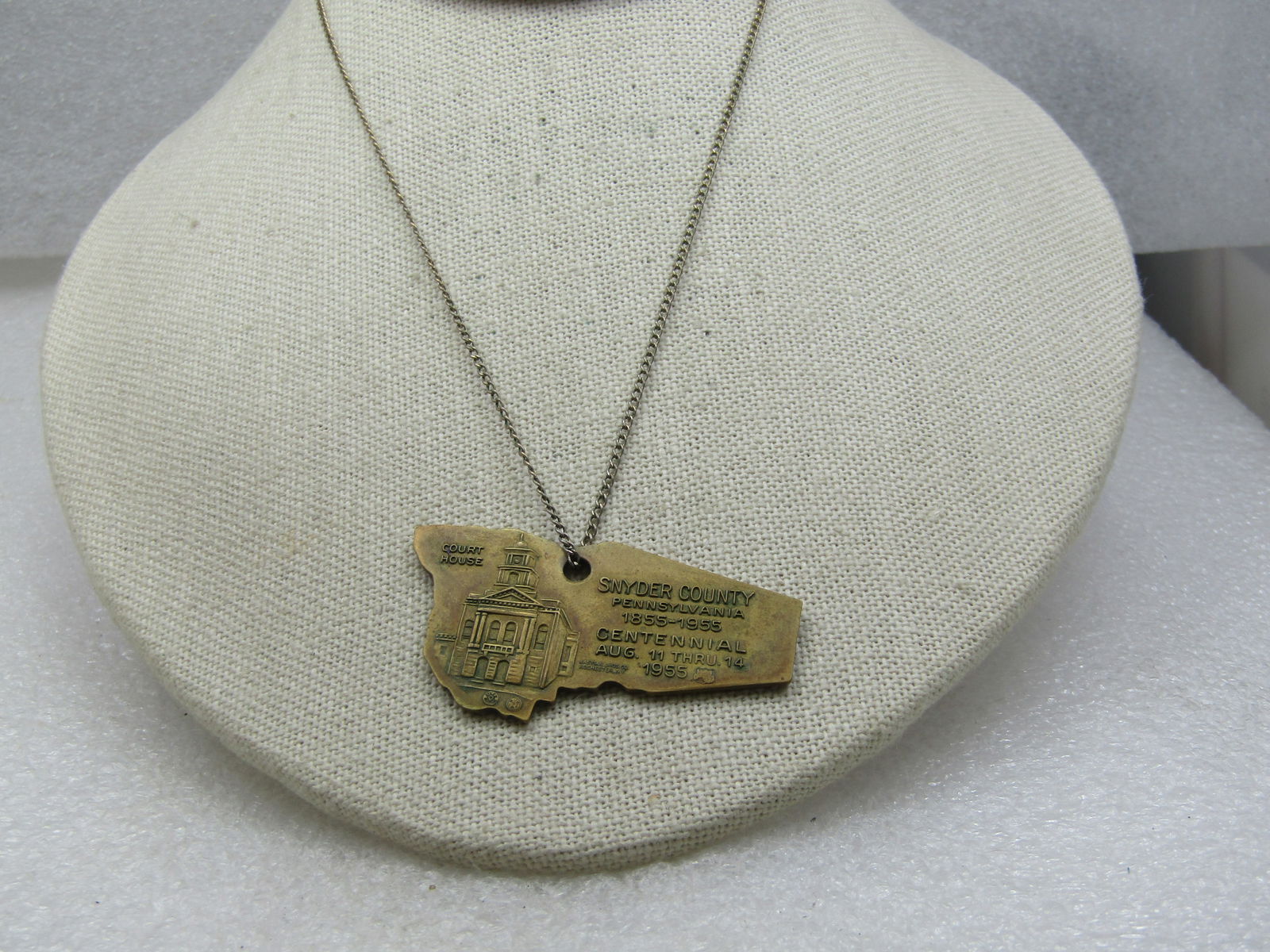 Vintage Snyder County, PA Centennial Necklace, 1955, 16": Vintage Snyder County, PA Centennial Necklace, 1955, 16" signed Bastian Brothers, Rochester, NY. Two sided pendant - one side is a map and the other shows the courthouse with Snyder County,