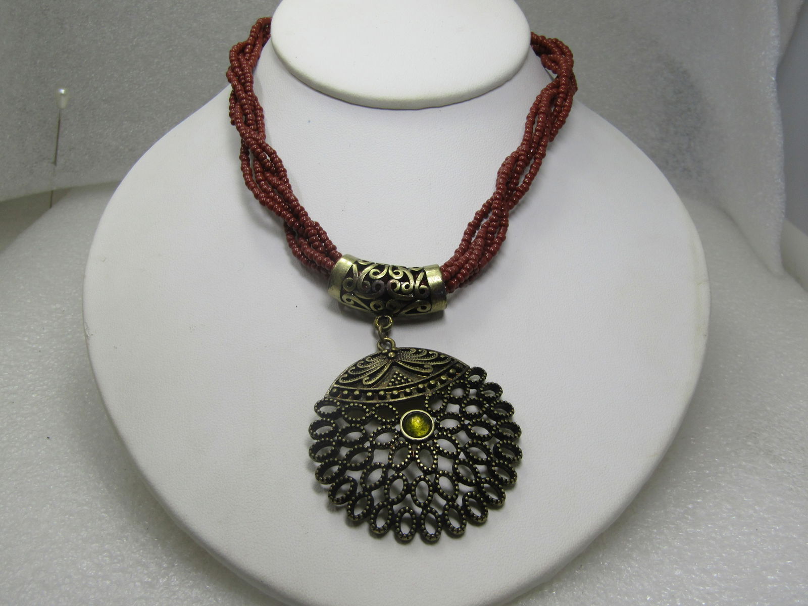 Vintage Multi-Strand Necklace, Brass Pendant, 20", 1980's-1990's. (1 of 7)