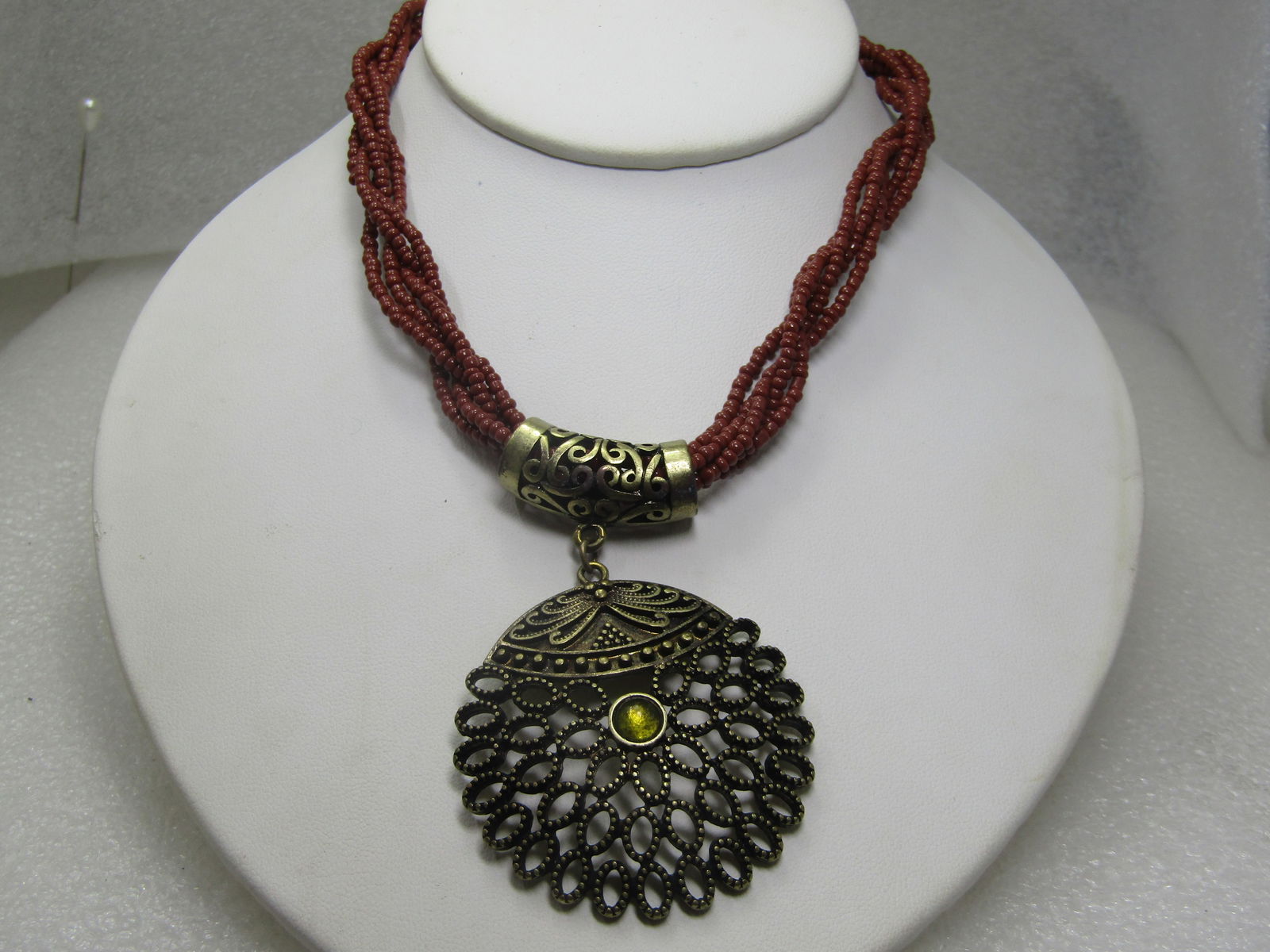 Vintage Multi-Strand Necklace, Brass Pendant, 20", 1980's-1990's. - 2