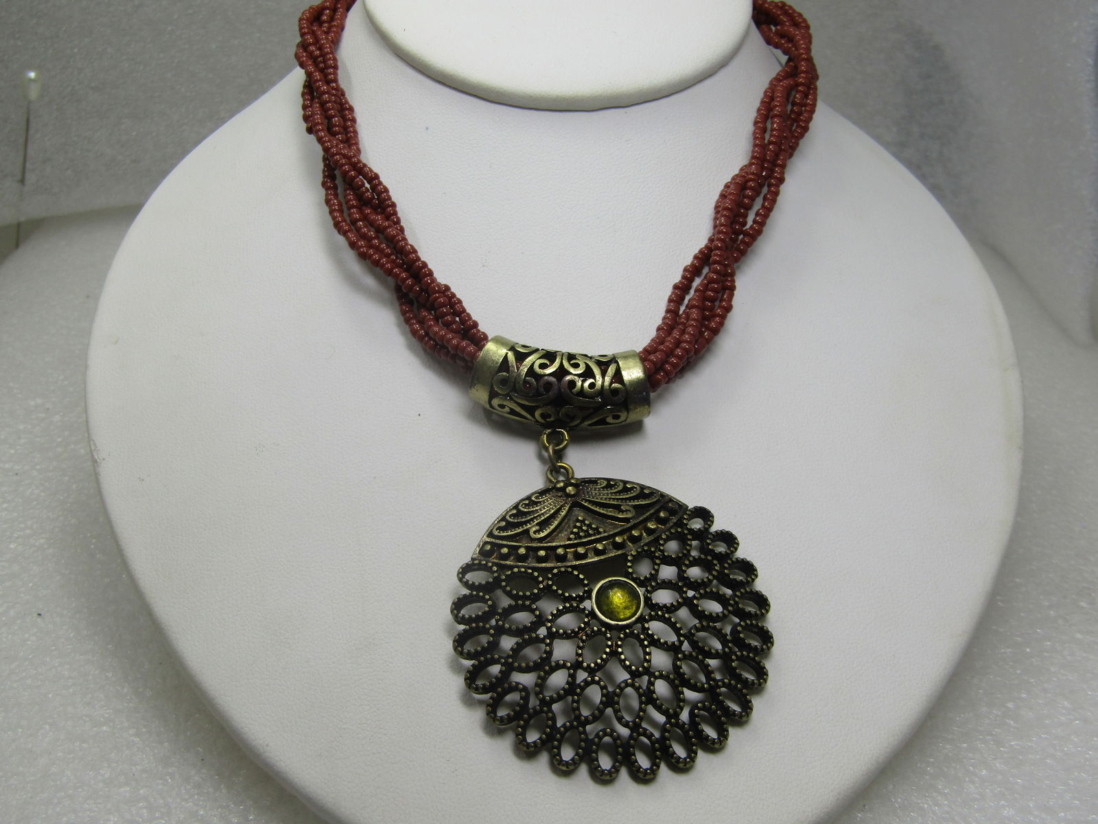 Vintage Multi-Strand Necklace, Brass Pendant, 20", 1980's-1990's. - 3