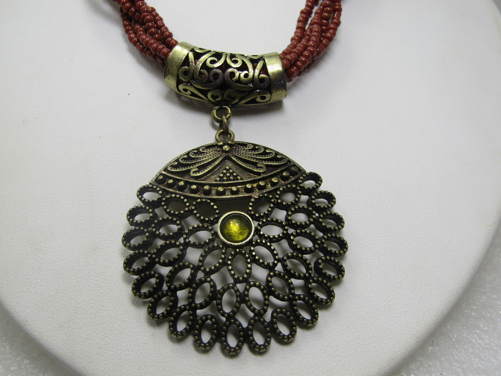 Vintage Multi-Strand Necklace, Brass Pendant, 20", 1980's-1990's. - 4