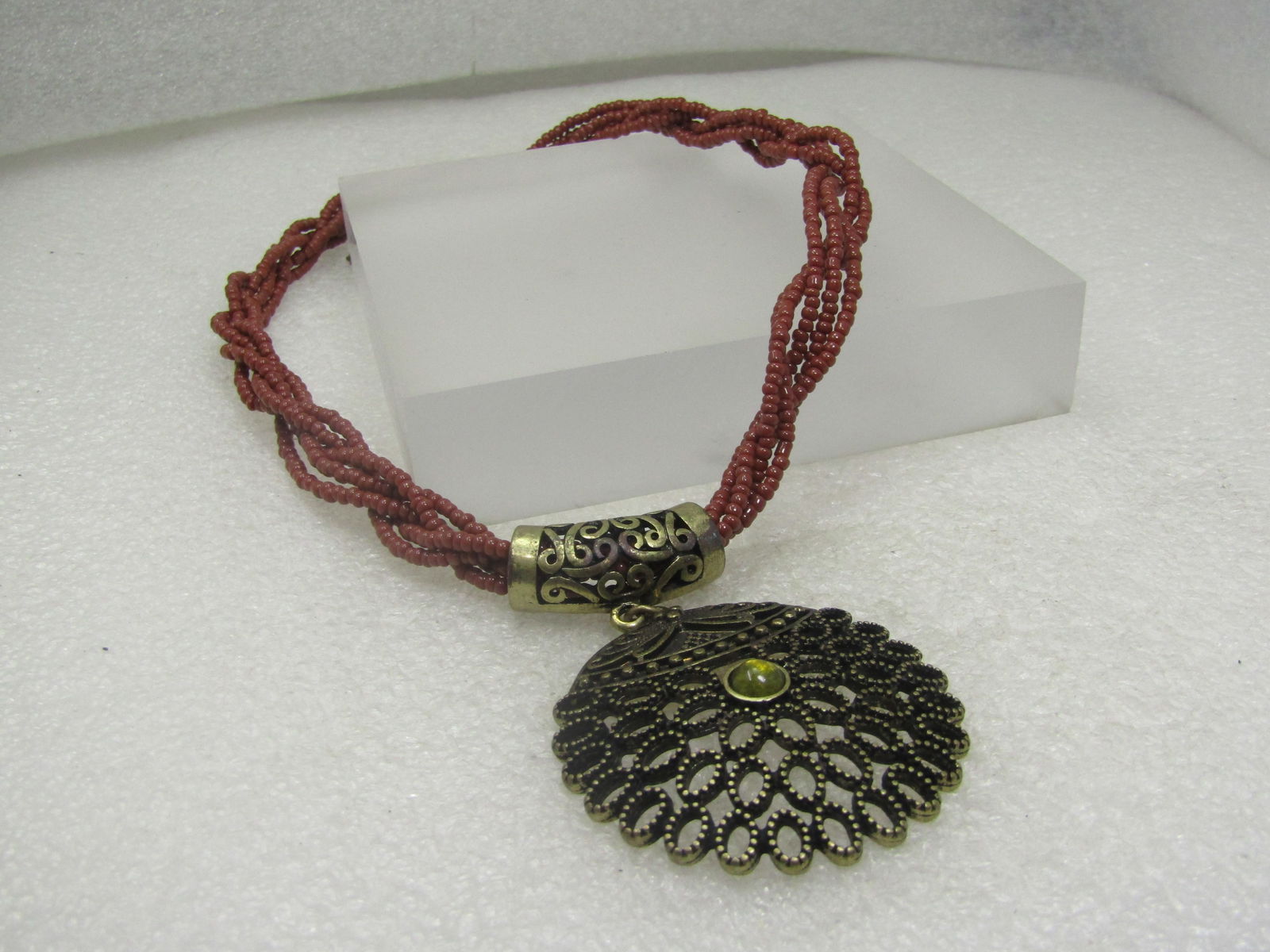 Vintage Multi-Strand Necklace, Brass Pendant, 20", 1980's-1990's. - 6