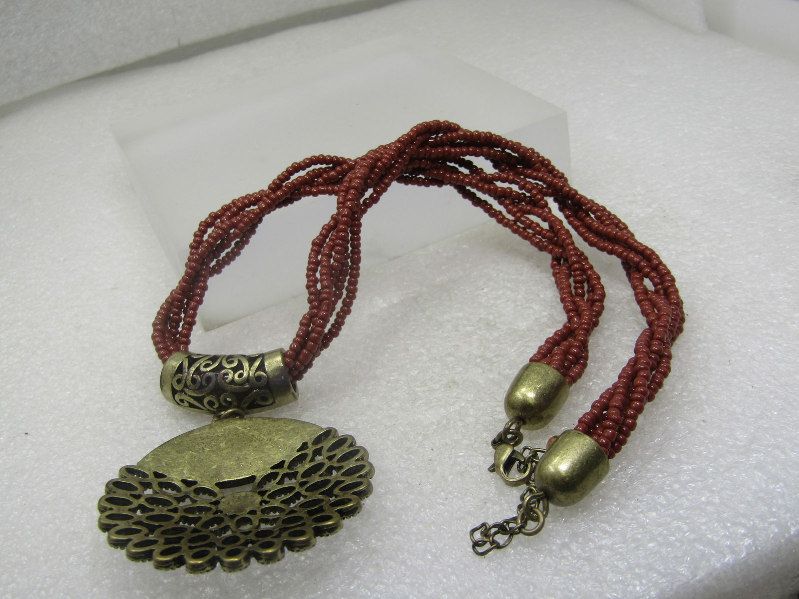 Vintage Multi-Strand Necklace, Brass Pendant, 20", 1980's-1990's. - 7