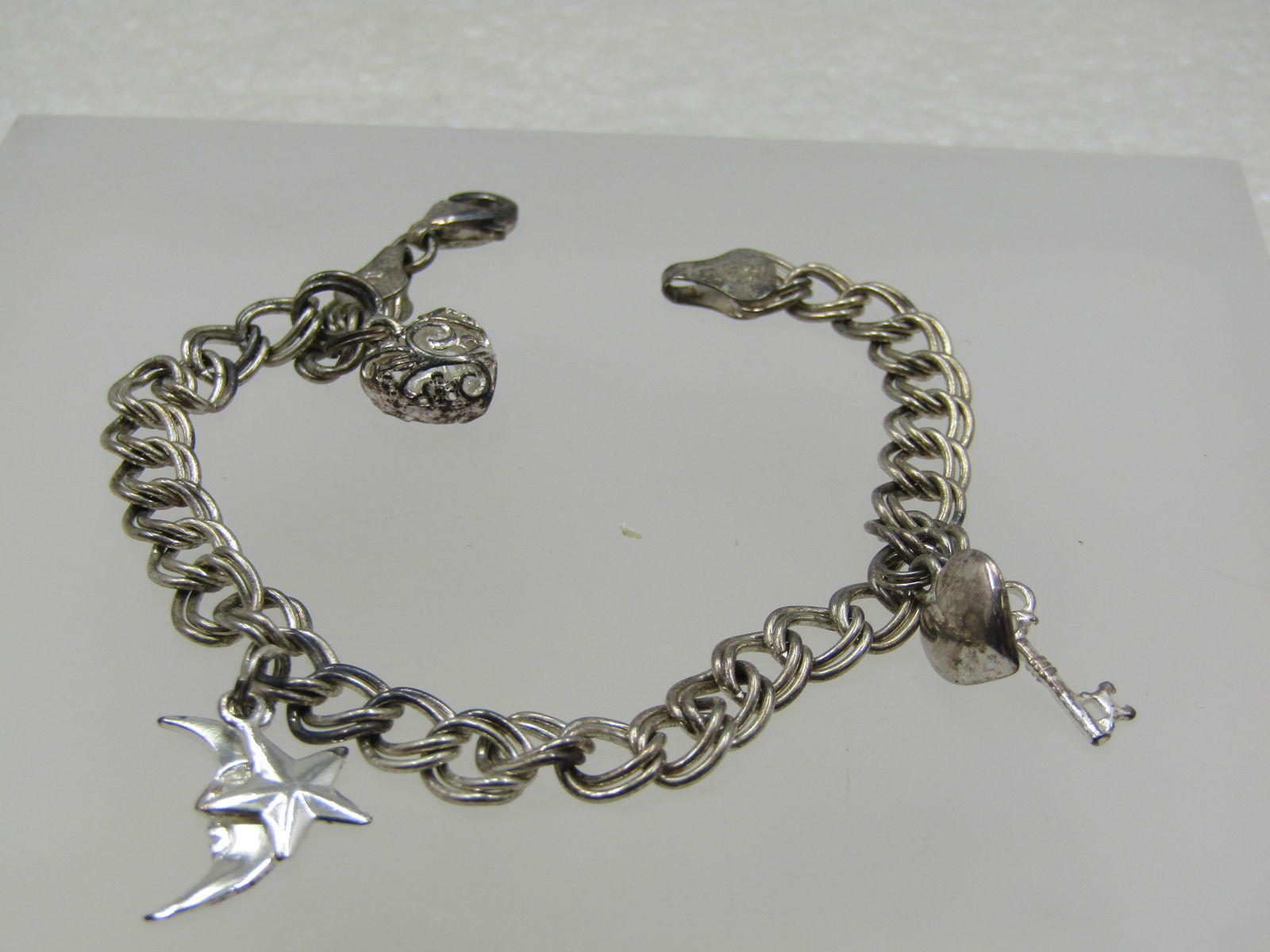Vintage Silver Charm Bracelet, Heart, Moon, Star, Key, 7", Signed (1 of 7)