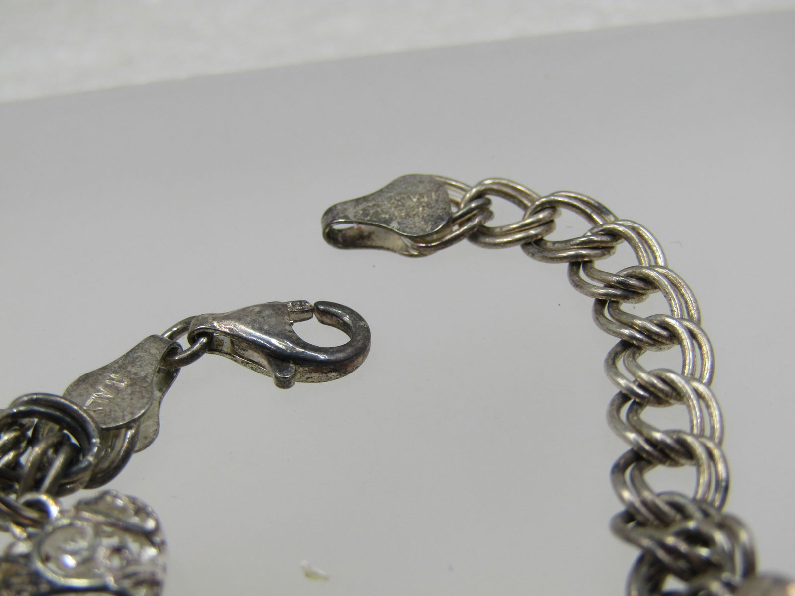 Vintage Silver Charm Bracelet, Heart, Moon, Star, Key, 7", Signed - 2