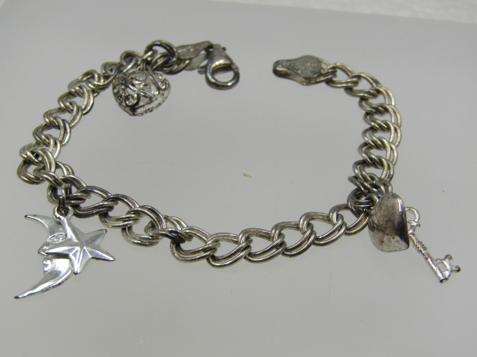 Vintage Silver Charm Bracelet, Heart, Moon, Star, Key, 7", Signed - 3