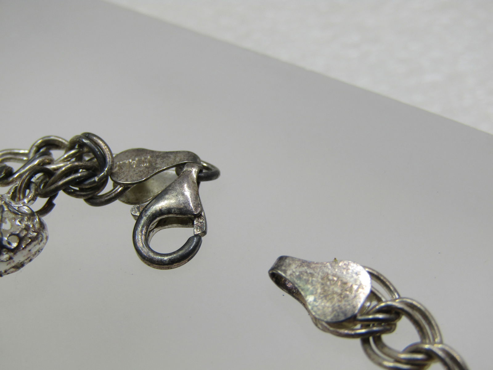 Vintage Silver Charm Bracelet, Heart, Moon, Star, Key, 7", Signed - 4