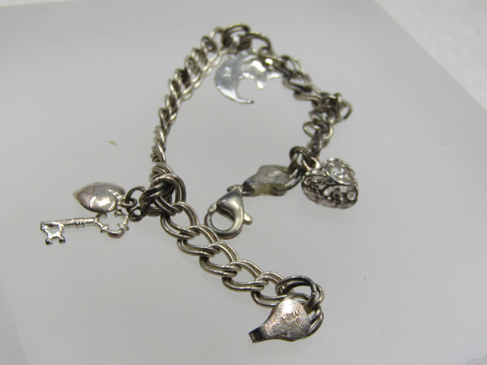Vintage Silver Charm Bracelet, Heart, Moon, Star, Key, 7", Signed - 6