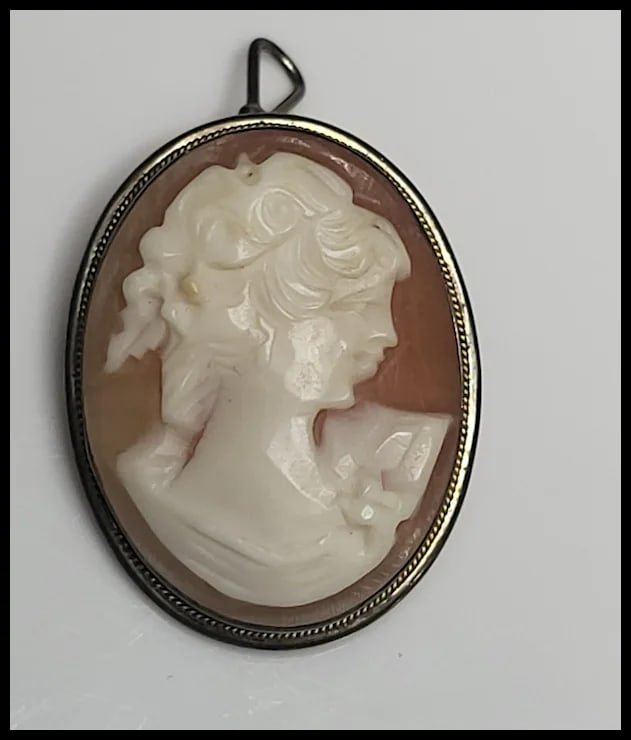 Vintage Silver Hand-Carved Shell Cameo Pendant/Brooch - 2