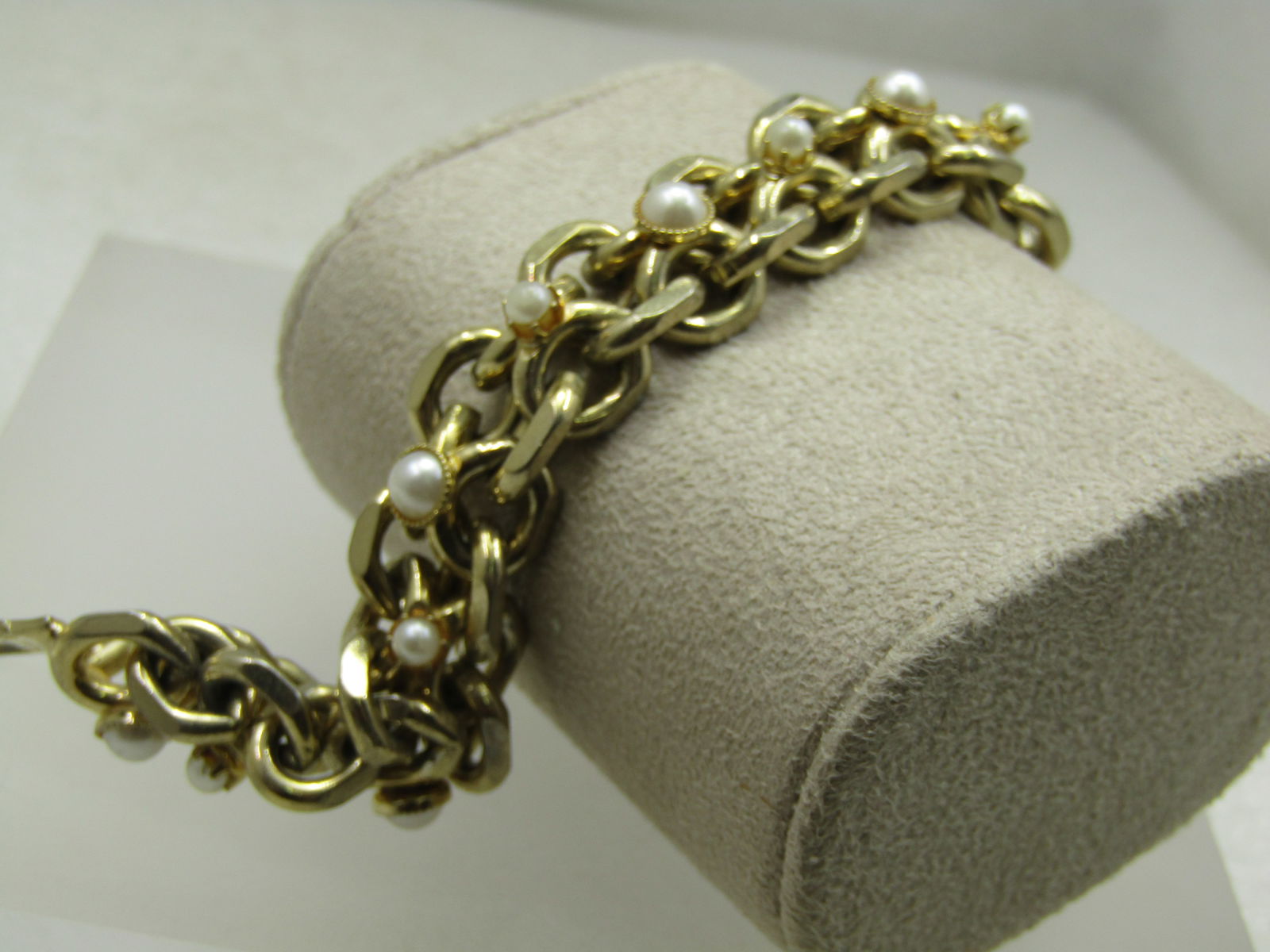 Vintage Wide Link Braclet, With Faux Pearls 7", Safety Clasp - 2