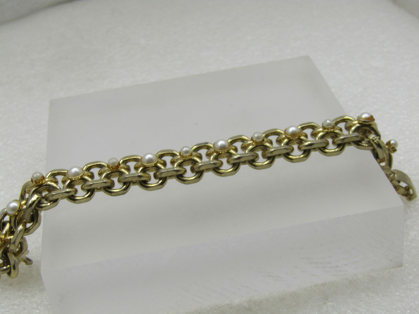 Vintage Wide Link Braclet, With Faux Pearls 7", Safety Clasp - 3