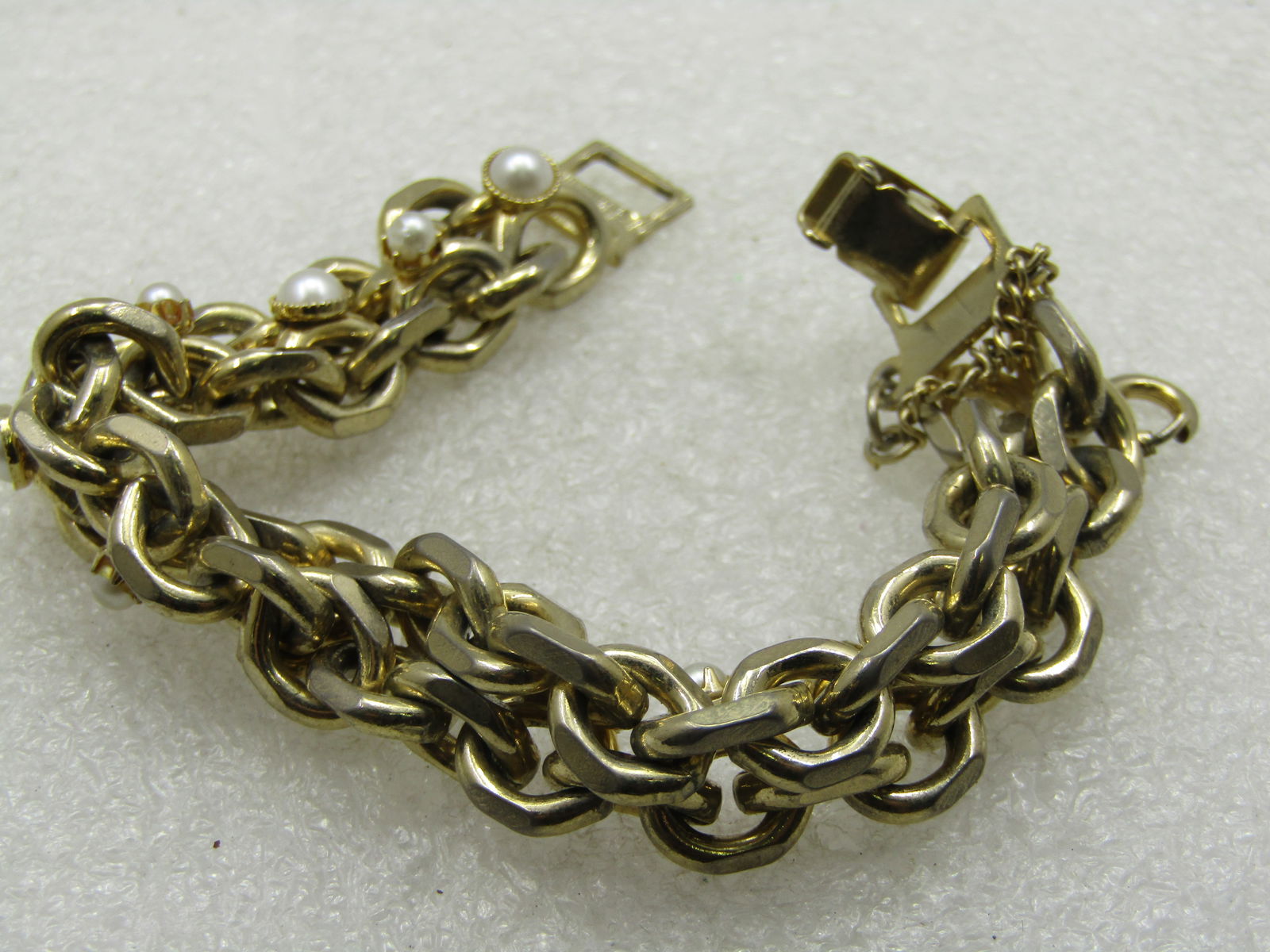 Vintage Wide Link Braclet, With Faux Pearls 7", Safety Clasp - 6