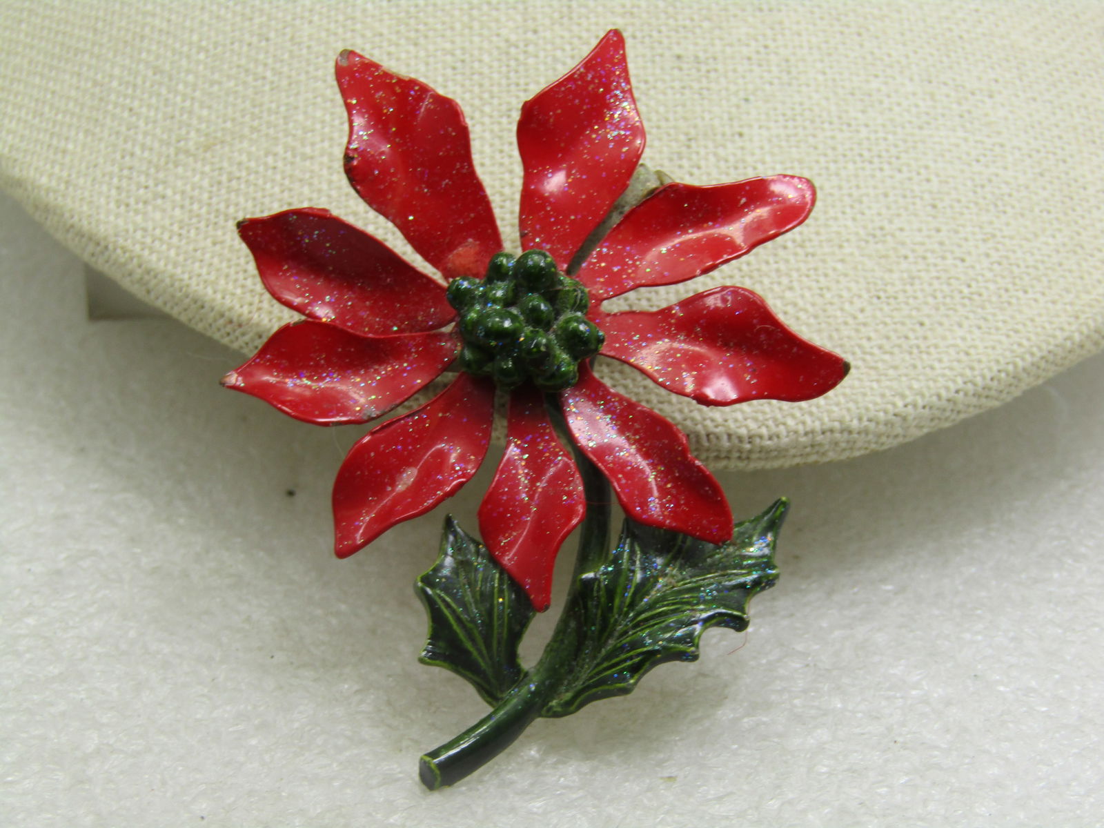 Vintage Enameled Poinsettia Blosson/Stem Brooch, 1950's, 2.75" - 2