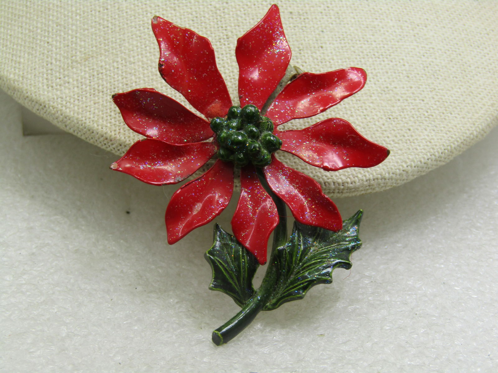 Vintage Enameled Poinsettia Blosson/Stem Brooch, 1950's, 2.75" - 3