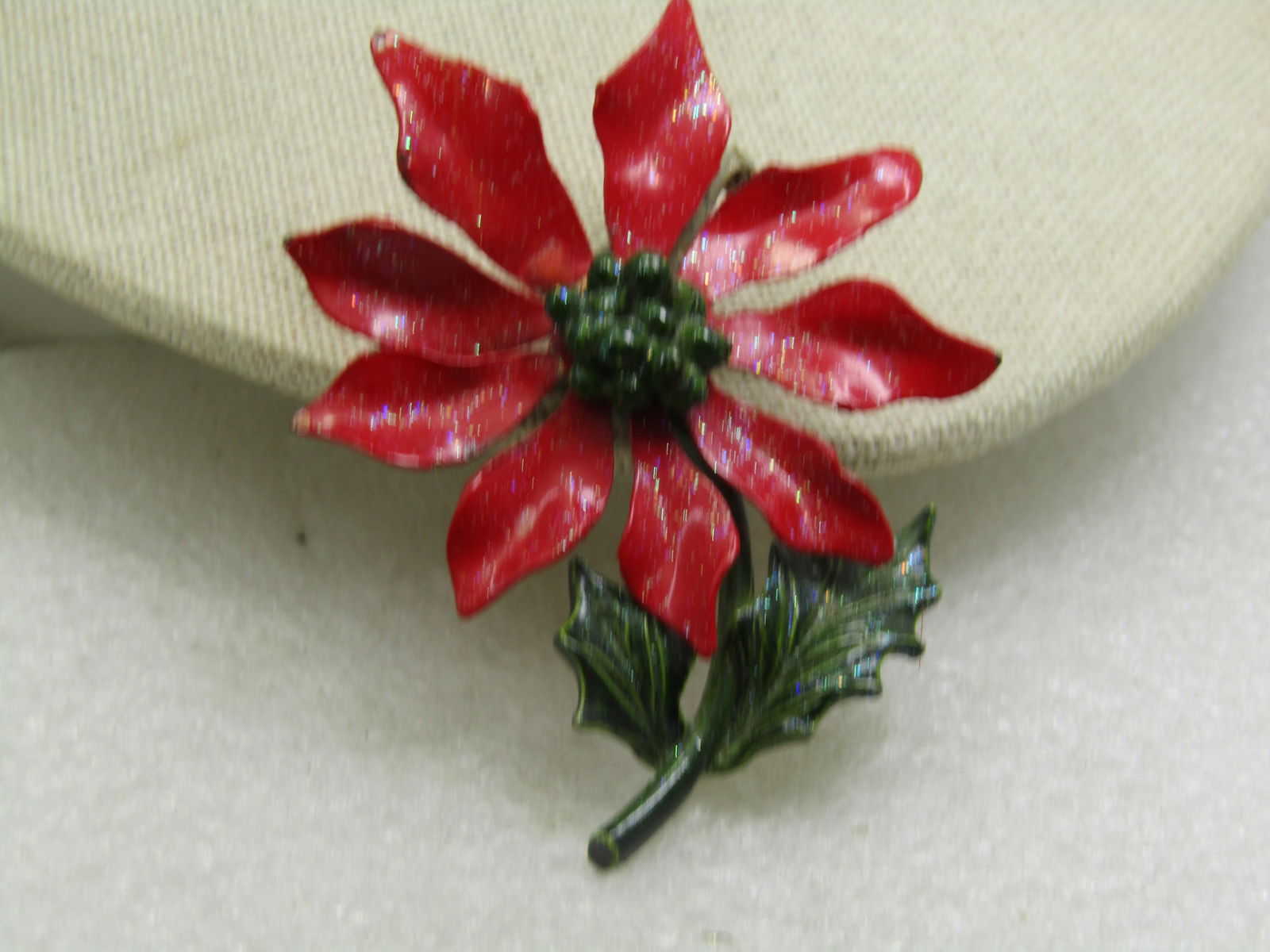 Vintage Enameled Poinsettia Blosson/Stem Brooch, 1950's, 2.75" - 4