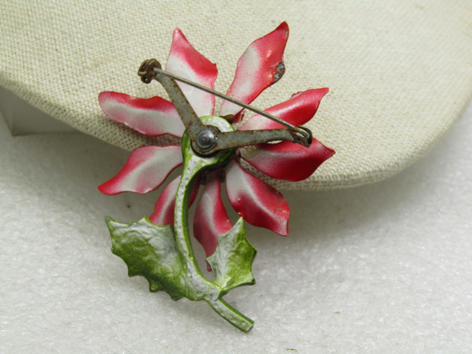 Vintage Enameled Poinsettia Blosson/Stem Brooch, 1950's, 2.75" - 5