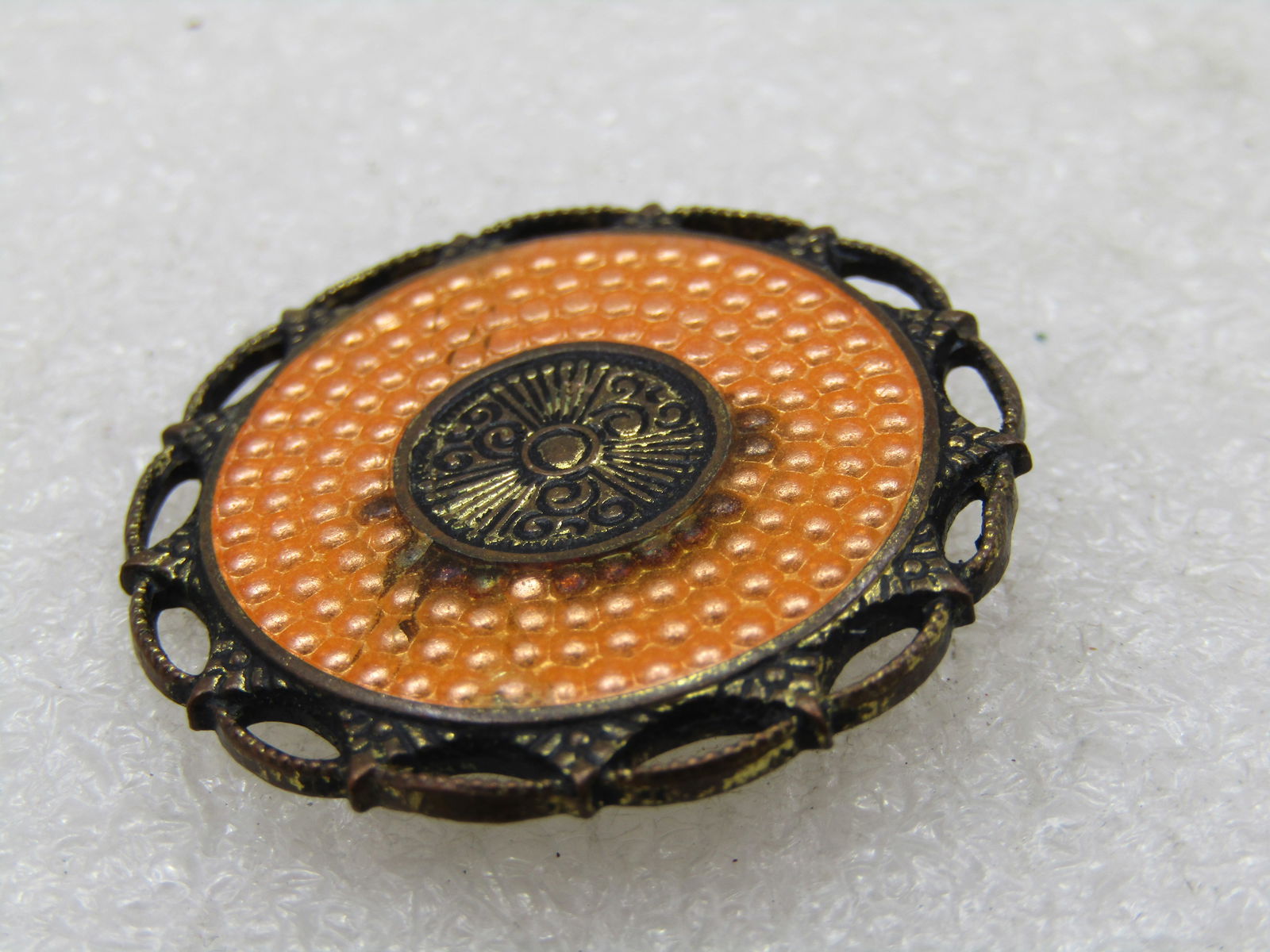 Vintage Orange Guilloche Circle Brooch, 1920's-1930's - 4