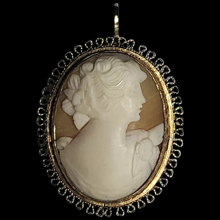 Vintage Gold 12k Handcarved Shell Cameo Pendant/Brooch Lace Detail (1 of 6)