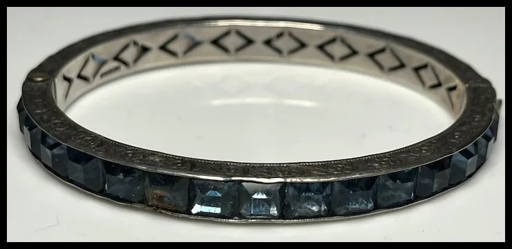 Art Deco Sterling & Faux Sapphire Rhinestone Channel Set Bracelet - 2