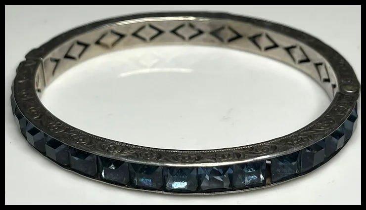 Art Deco Sterling & Faux Sapphire Rhinestone Channel Set Bracelet - 3