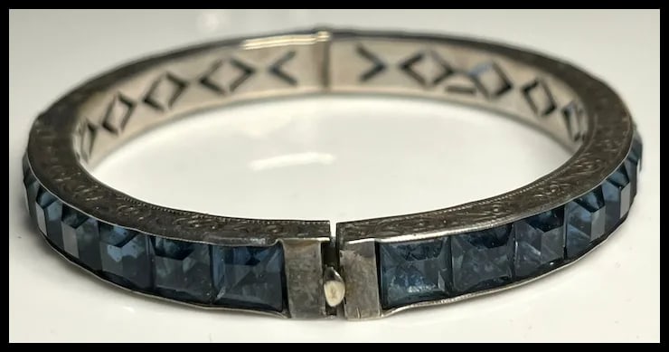 Art Deco Sterling & Faux Sapphire Rhinestone Channel Set Bracelet - 4