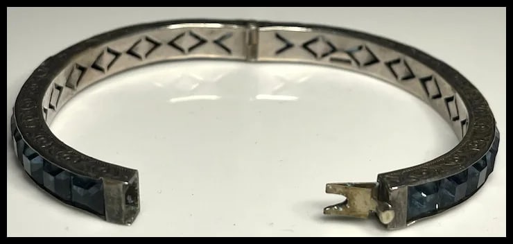 Art Deco Sterling & Faux Sapphire Rhinestone Channel Set Bracelet - 5