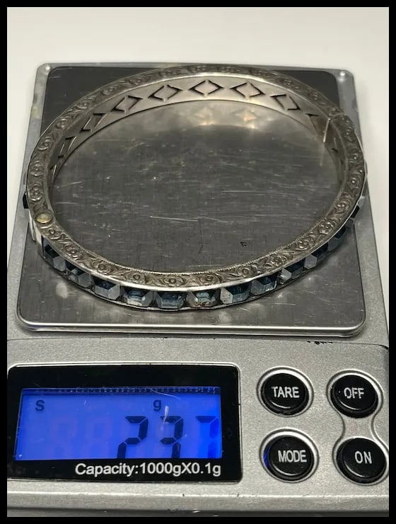 Art Deco Sterling & Faux Sapphire Rhinestone Channel Set Bracelet - 6