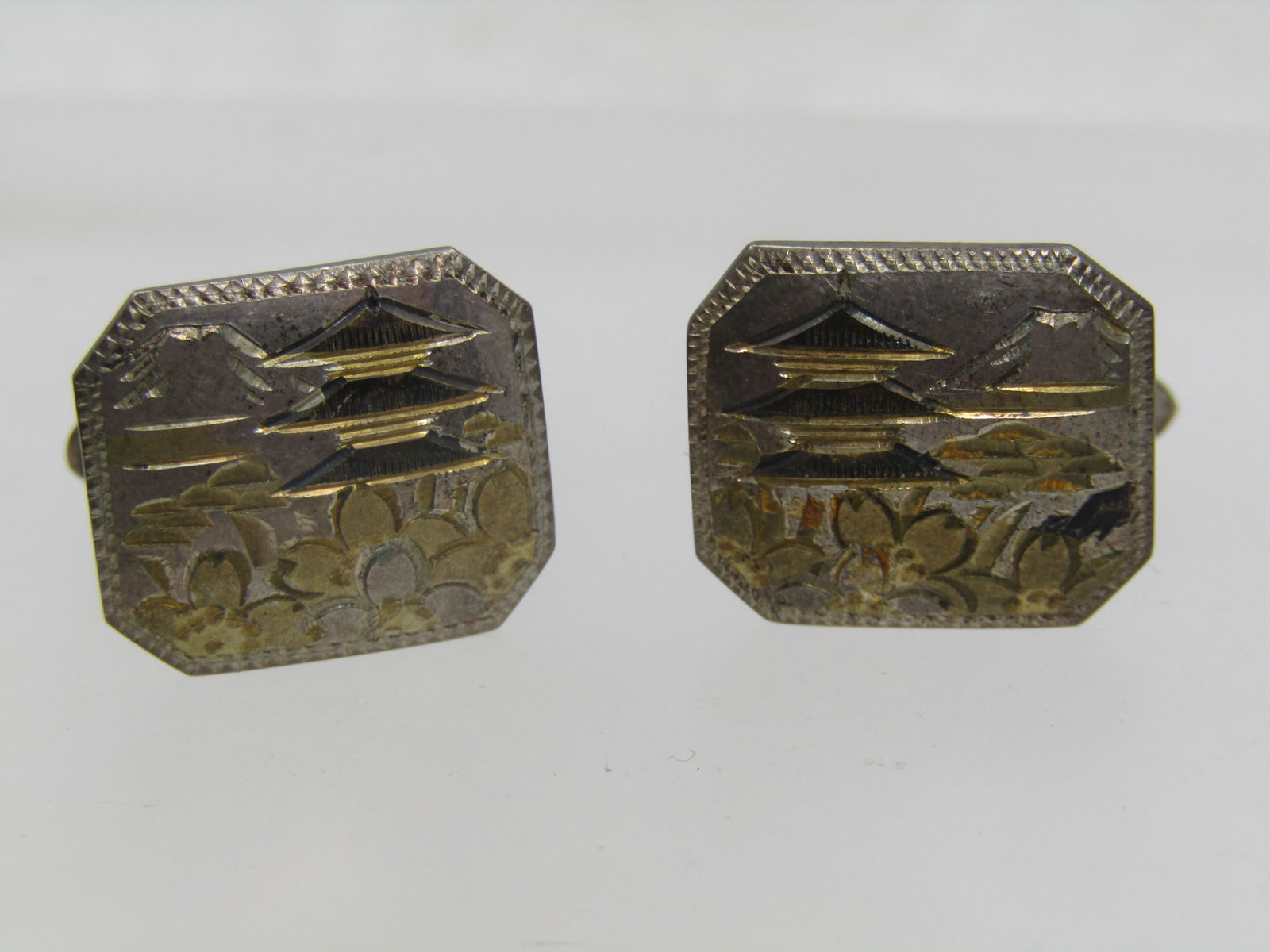 Vintage Sterling Japanese Scene Cufflinks, Two-Tone, Mid-Century - 2