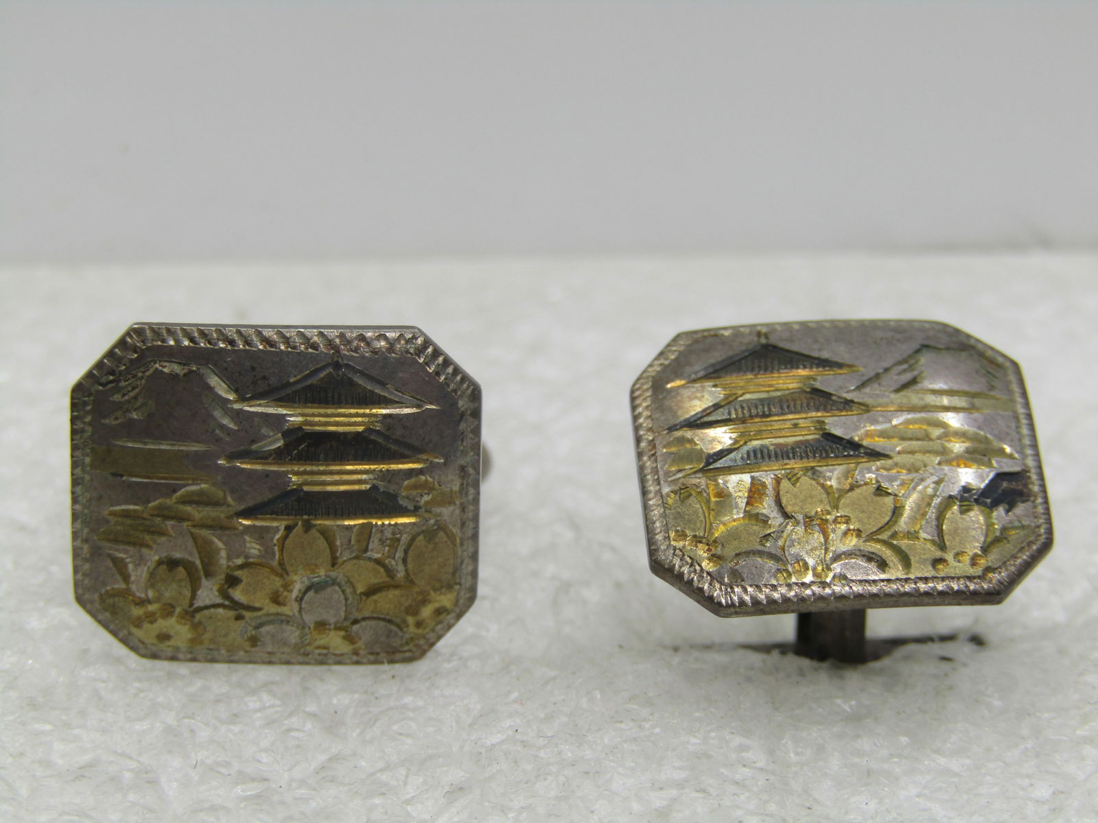 Vintage Sterling Japanese Scene Cufflinks, Two-Tone, Mid-Century - 3