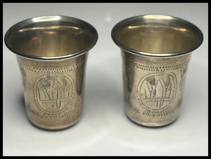 Pair of Antique Russian Engraved Sterling Silver Vodka Cups M.C.U 2.25 - 2