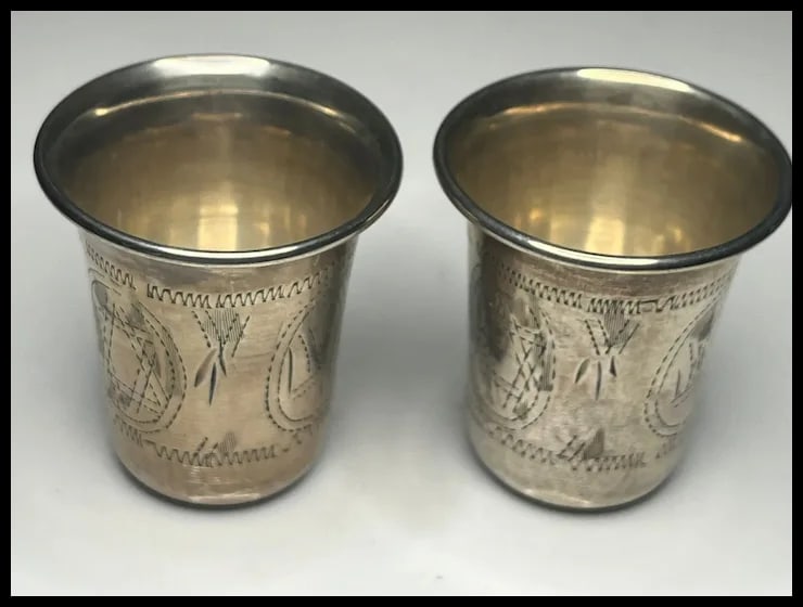 Pair of Antique Russian Engraved Sterling Silver Vodka Cups M.C.U 2.25 - 4