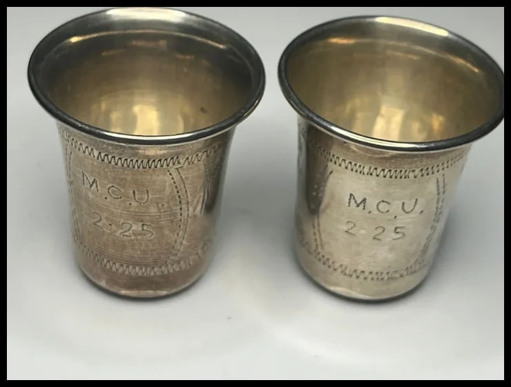 Pair of Antique Russian Engraved Sterling Silver Vodka Cups M.C.U 2.25 - 5