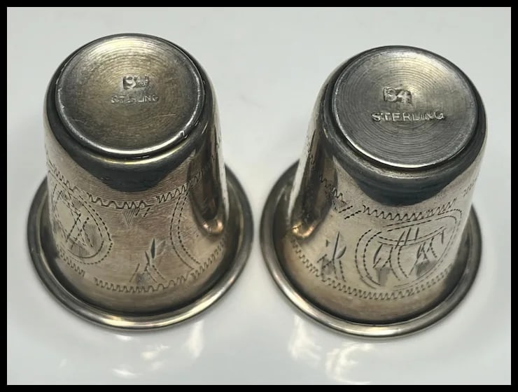 Pair of Antique Russian Engraved Sterling Silver Vodka Cups M.C.U 2.25 - 6