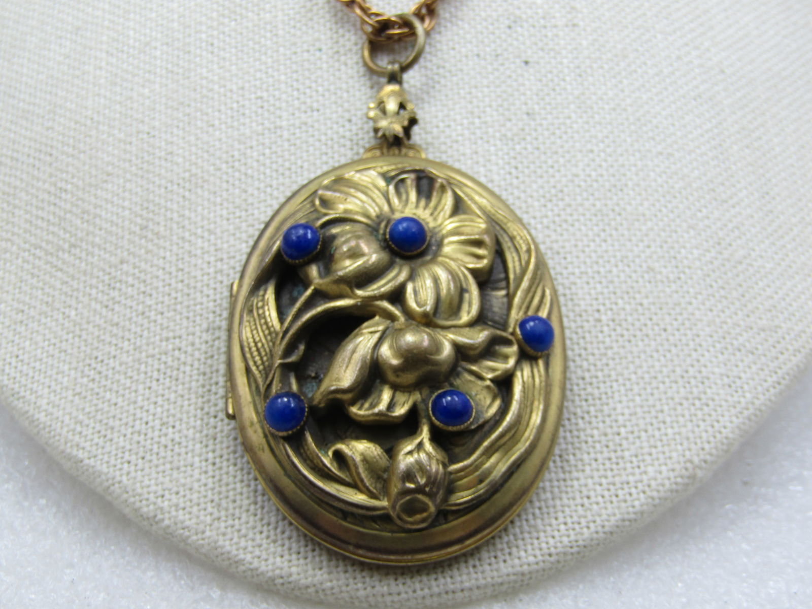 Vintage Repouse Floral Locket, Blue stones, 20" Chain, Sterling Clasp - 2