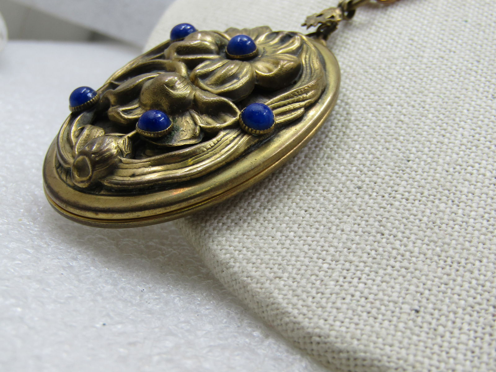 Vintage Repouse Floral Locket, Blue stones, 20" Chain, Sterling Clasp - 7