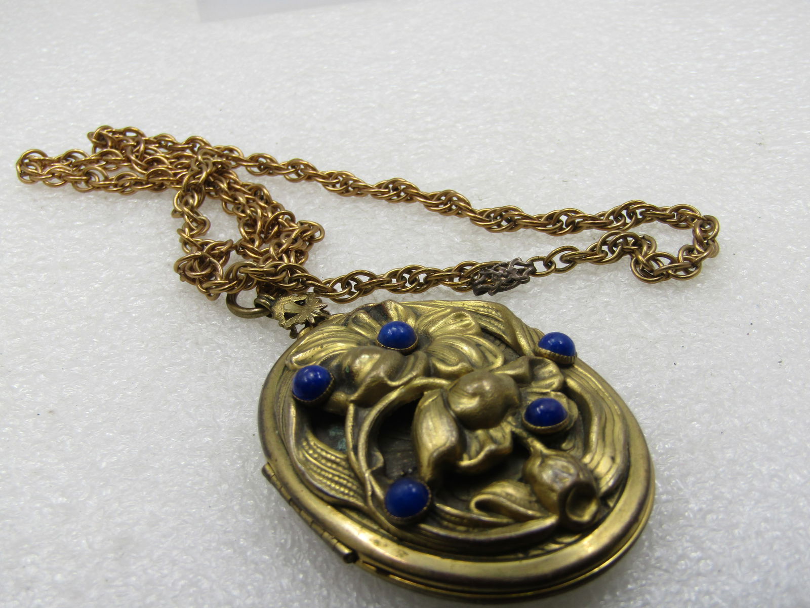 Vintage Repouse Floral Locket, Blue stones, 20" Chain, Sterling Clasp - 8