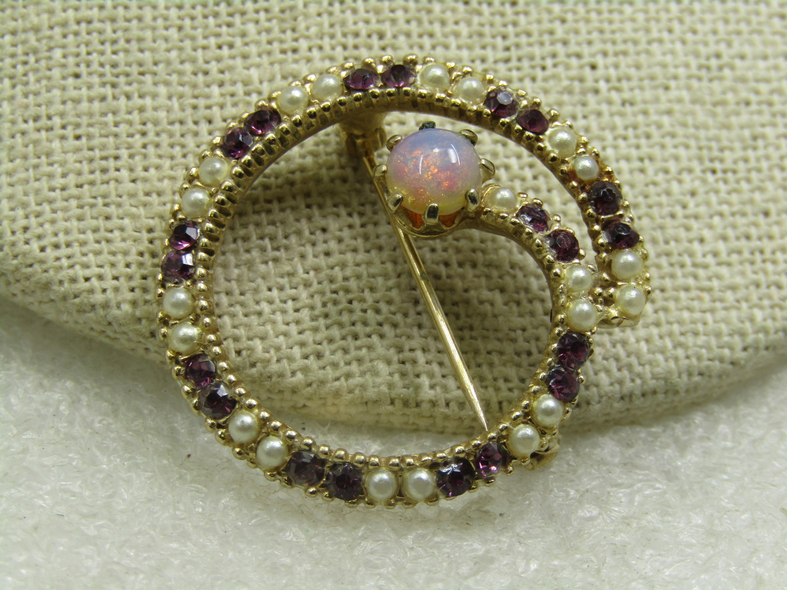 Vintage Faux Opal, Pearl & Rhinestone Circle Brooch, 1960's-1970's, 1.25" (1 of 5)