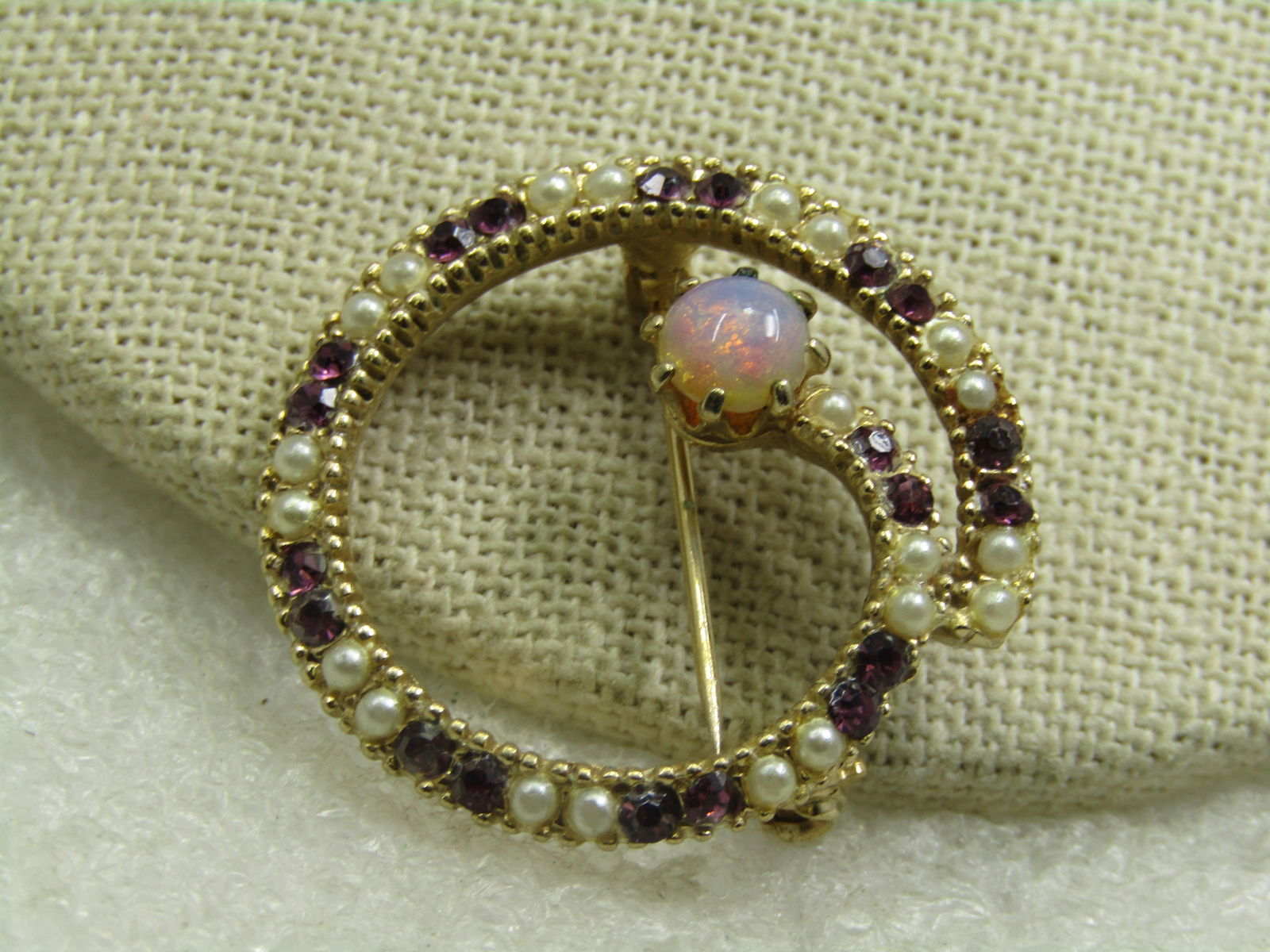Vintage Faux Opal, Pearl & Rhinestone Circle Brooch, 1960's-1970's, 1.25" - 2