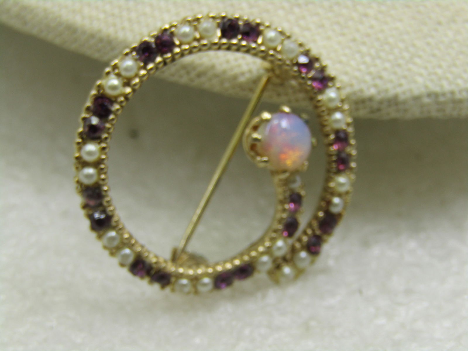 Vintage Faux Opal, Pearl & Rhinestone Circle Brooch, 1960's-1970's, 1.25" - 3