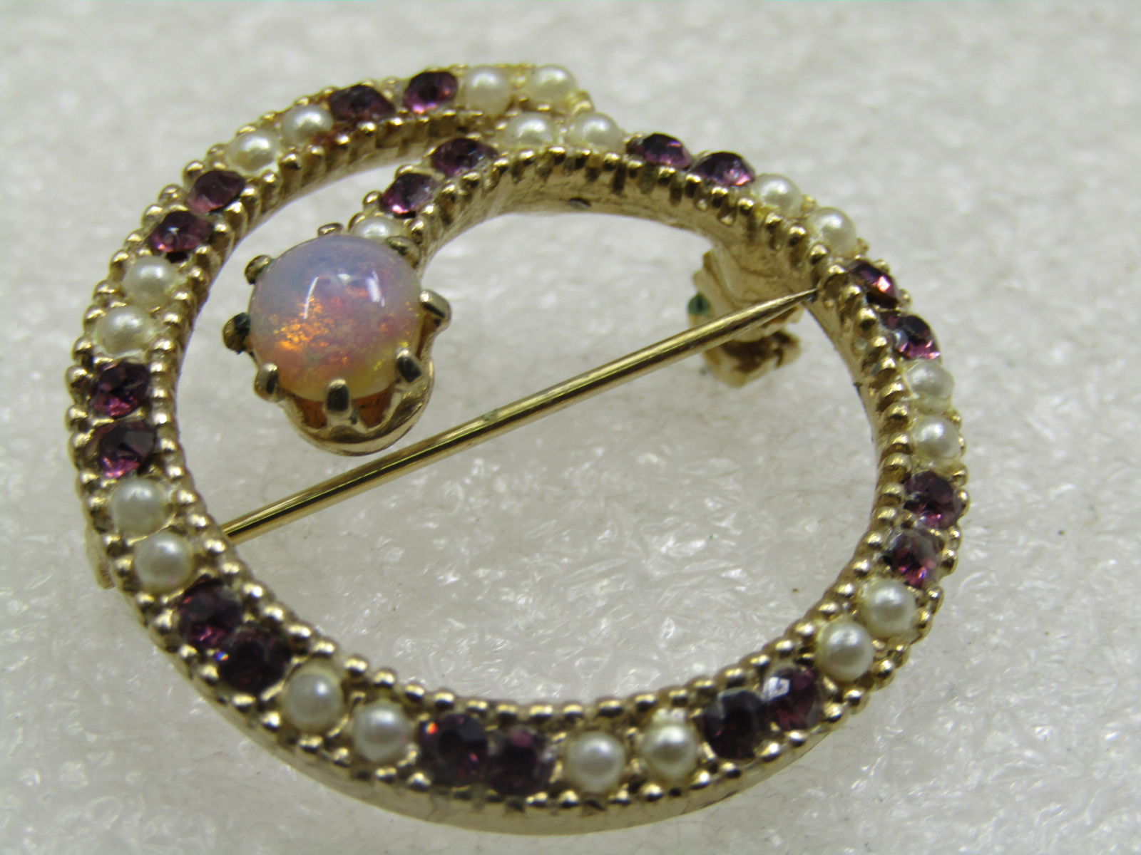 Vintage Faux Opal, Pearl & Rhinestone Circle Brooch, 1960's-1970's, 1.25" - 4