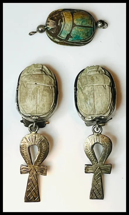 Vintage Hand carved Scarab Sterling Silver Earrings and Pendant Set - 2