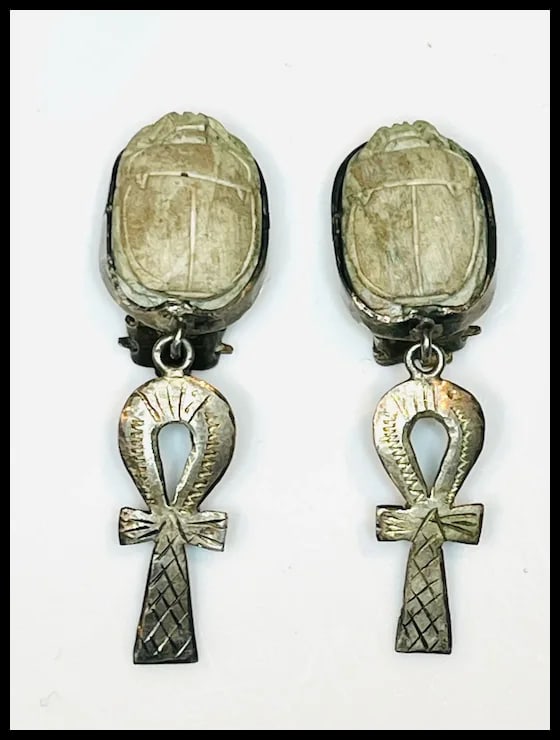 Vintage Hand carved Scarab Sterling Silver Earrings and Pendant Set - 3