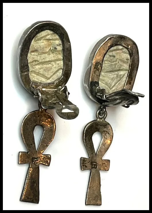 Vintage Hand carved Scarab Sterling Silver Earrings and Pendant Set - 4