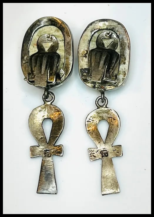 Vintage Hand carved Scarab Sterling Silver Earrings and Pendant Set - 5