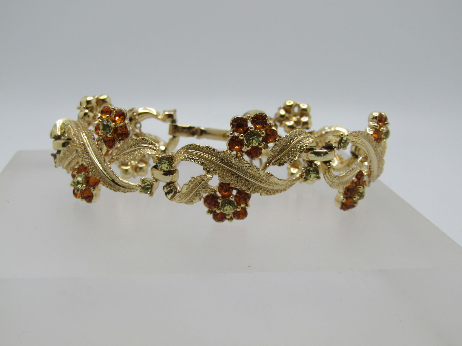 Vintage Coro Rhinestone Floral Bracelet, Leaves, 7", Safety Chain, 1950's-1960's (1 of 6)